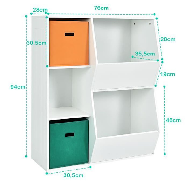 COSTWAY børnebogreol - 2 opbevaringskurve, børneopbevaringsenhed - 3 terninger, 2 store åbne opbevaringskasser