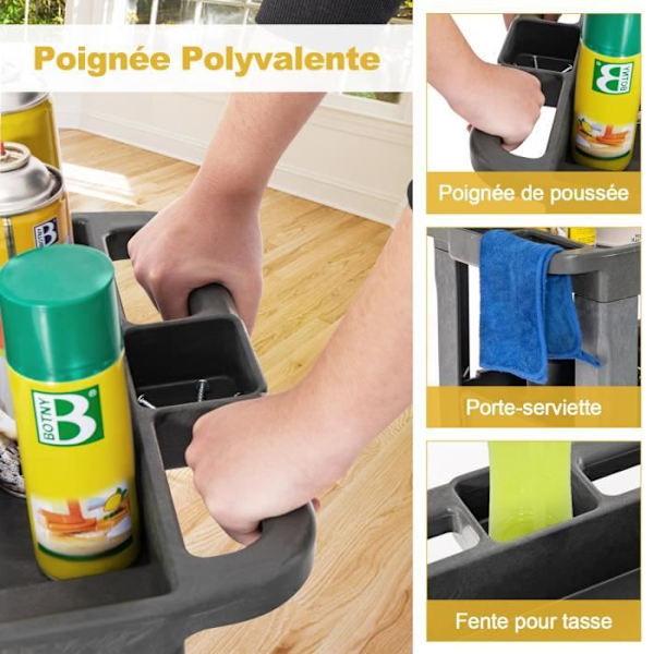 COSTWAY Plast rullende serveringsvogn 3 niveauer-Kapacitet 250 kg-Justerbar central hylde-Opbevaringshåndtag-Garage, Køkken
