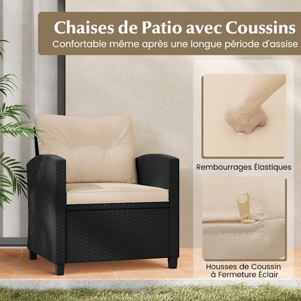 COSTWAY Have møbler i rattan 3 PCS, Sofabord og 2 Stol, Polstrede sæde- og rygpuder, Beige >Färg på kudden: Beige >Färg på rot