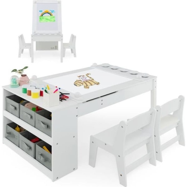 COSTWAY 3 i 1 barnbord och 2 stolar set - 6 förvaringsfack - Lyftbar fack - Pappersrulle och färgkopp - Vit