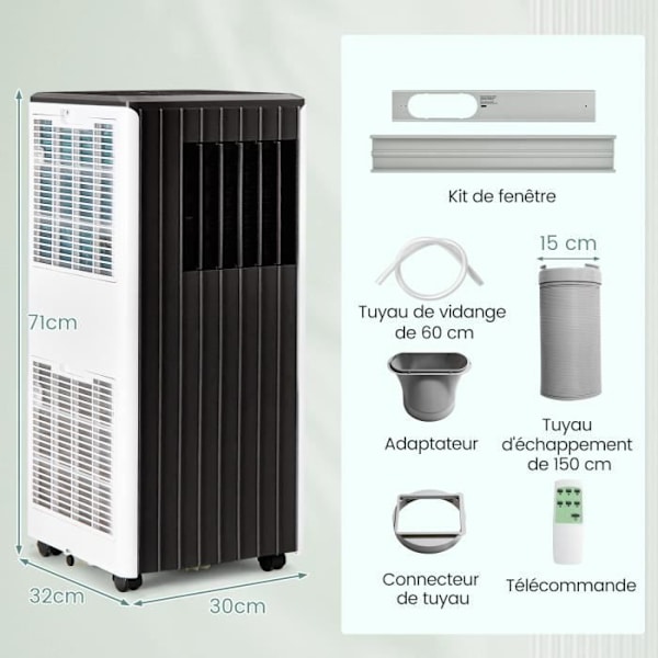 COSTWAY Mobil luftkonditionering 9000BTU 2,64kW R290 APP Klass A Tyst 5 i 1 avfuktare, viloläge, 24h timer LED-skärm Vit + Svart