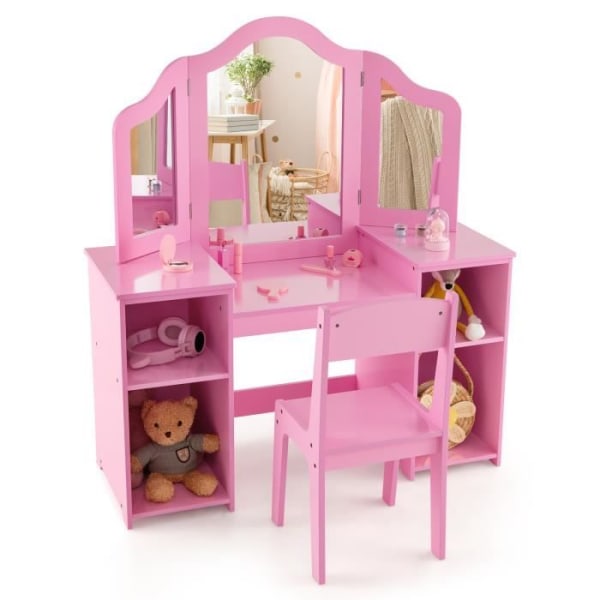COSTWAY Sminkbord och pall för barn - Avtagbar 3-faldig spegel - Sminkbord - Tippskydd - Rosa