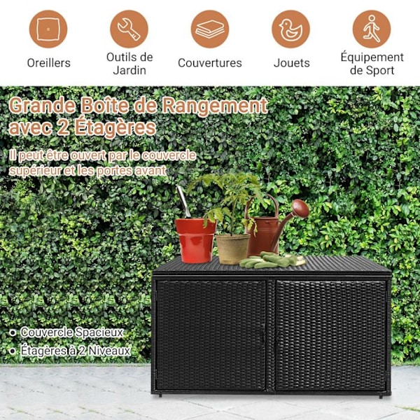 COSTWAY Udendørs Rattan Opbevaringskasse 335L, 115 x 60 x 65 CM med Sort Stålramme kastanj