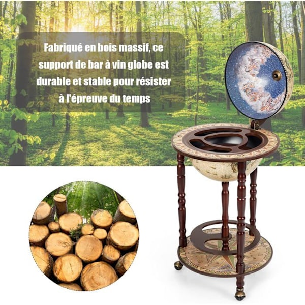 COSTWAY Vintage Terrestrial Globe Bar Verdenskort i Eucalyptus Wood Flaskeholder Minibar Rolling 16th Century