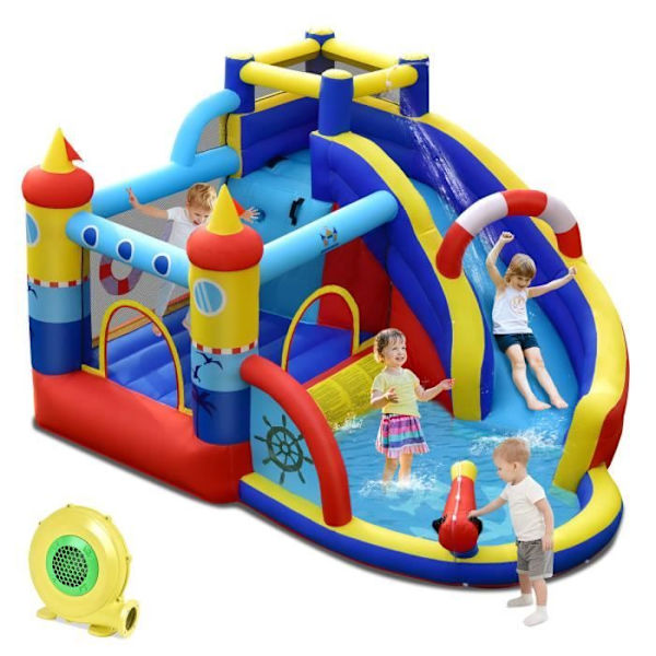 COSTWAY Vandleg Inflatable 6 i 1 med 450W Pumpe Bølge Rutschebane Splash Pool Målspil og Vandkanon til Børn Flerfärgad