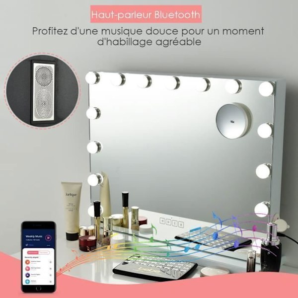 COSTWAY Hollywood Makeup Mirror LED Touch Control Belysning, 10X förstoring, Bluetooth-högtalare, 3 färger justerbar