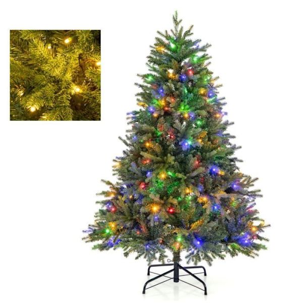 COSTWAY Julgran 150 cm Förbelyst 250 Flerfärgade/Varmvita LED-lampor, 11 ljuslägen 844 grenar i PVC och PE