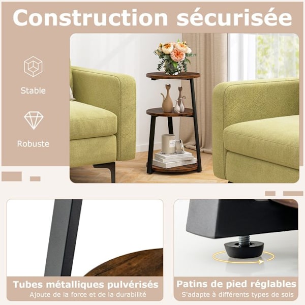 COSTWAY Set med 2 runt soffbord med 3 våningar, sidobord med justerbara glider, sängbord för vardagsrummet i sovrummet Rustik brunt och svart