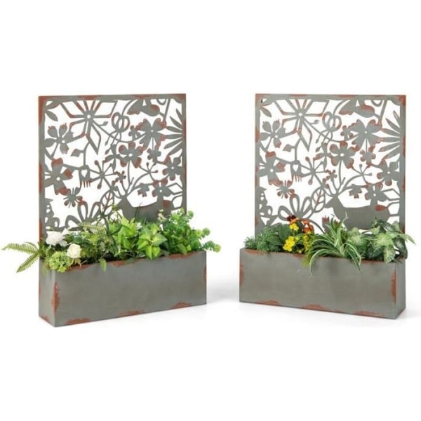 COSTWAY Set med 2 väggplantor med metallspaljé dekorativ blomsterlåda för klätterväxt, 60x17x80 cm, rost