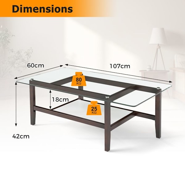 COSTWAY Skrivbord i Glas med 2 Nivåer, Ben i Gummiträ, Rektangulärt Väggbord på 107 cm för Kontor Genomskinlig och brun