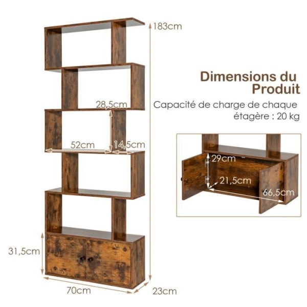 COSTWAY 6-vånings bokhylla med 2 dörrar-70 x 23 x 183 CM-S form träförvaringshylla-industriell stil-brun