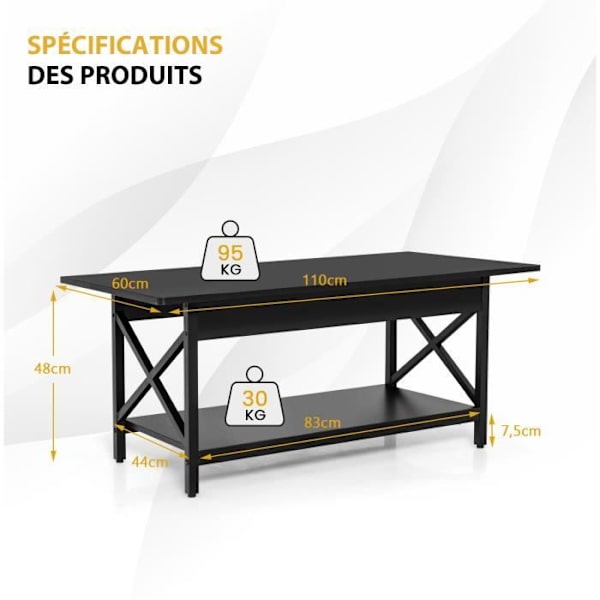 COSTWAY Modernt 2-vånings soffbord, 110 x 60 x 48 CM, vardagsrumsbord med X-formad metallram, justerbara ben, svart