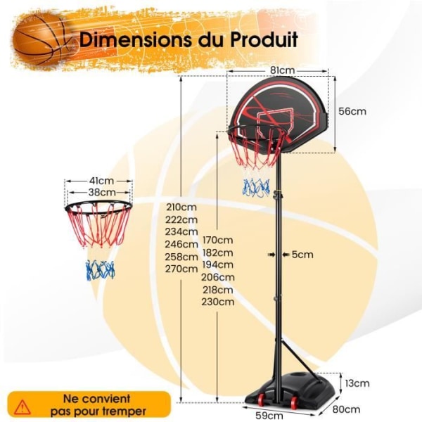 COSTWAY 170-230 cm Höjdjusterbar stående basketbåge med nät, fyllbar bas, 2 inbyggda hjul, ryggbräda