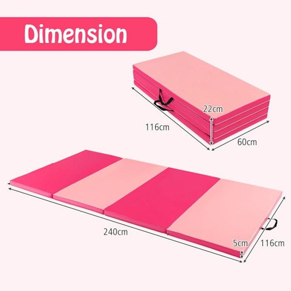 Foldbar gymnastikmåtte 240x116x5cm COSTWAY-4-lags PU-skum-2-håndtag-kroge og løkke-befæstelse-Aftageligt betræk-Pink+fersken