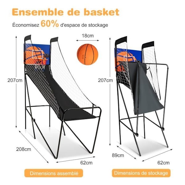 COSTWAY hopfällbar arkadbasketboll för barn med elektronisk poängspelare, summer, 3 pumpbollar Korgdiameter 32 cm Ålder 8+