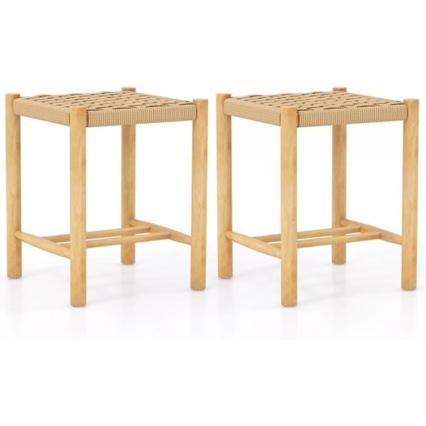 COSTWAY Set med 2 Barstolar i Massivt Trä, Hantverksstickning, Dekorativa 36 x 36 x 45 CM (L x B x H) Naturliga Naturligt 1
