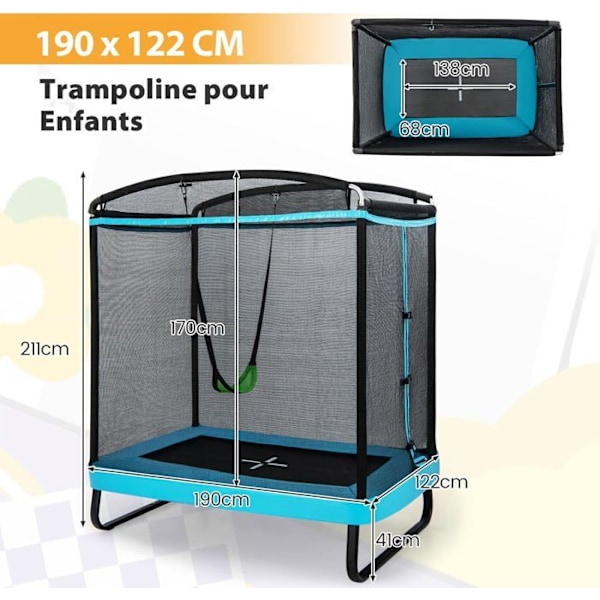 COSTWAY Trampolin til børn Rektangulær 190x122cm 3 i 1 med gynge, vandret stang-40 galvaniserede fjedre 100 kg-blå svart och blått