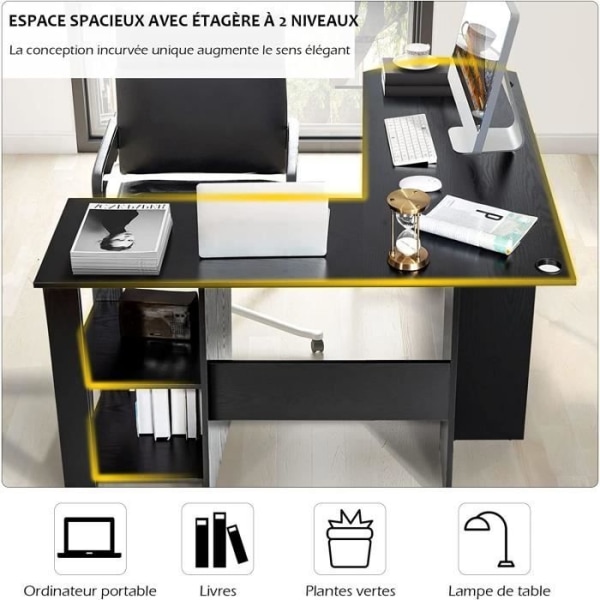 COSTWAY L-formet hjørneskrivebord - L 130 x D 130 x H 72,5 CM - Hylder - Spånplade - Moderne - Sort Svart