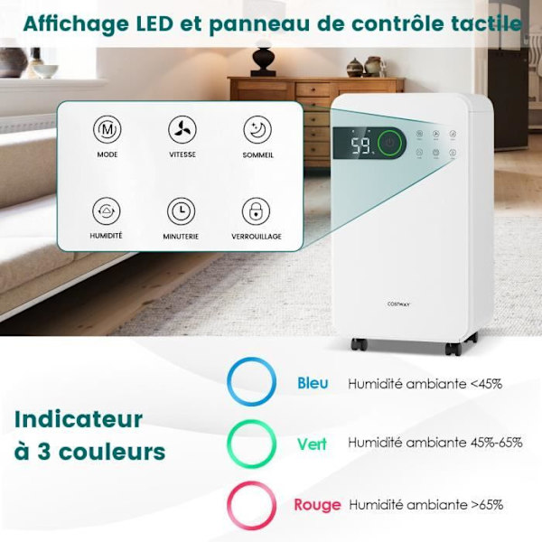 COSTWAY Affugter 15 L/Dag 156W 2L Tank Sleep Mode, 24 H Timer, LED Display Touch Control, Kontinuerlig Evakuering