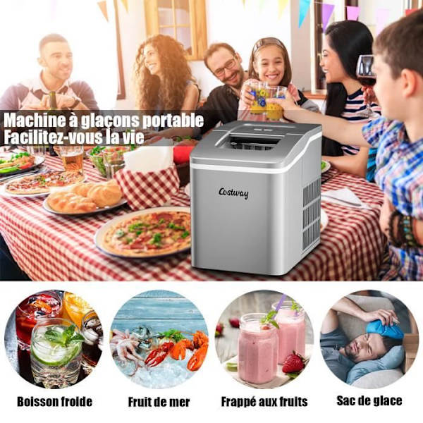 COSTWAY Bärbar ismaskin 12KG /24H 9 isbitar per 8 min 1,6L tank, självrengörande, 120W LCD-skärm för hemsilver Pengar
