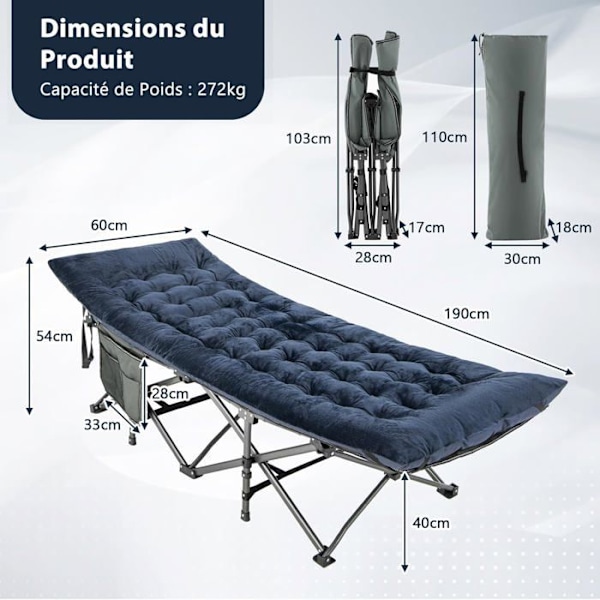 COSTWAY Velvet campingmadras, 190 x 70 x 7 cm, med 4 fastgørelsesstropper Sengefastgørelseslomme, rejsevandring, blå