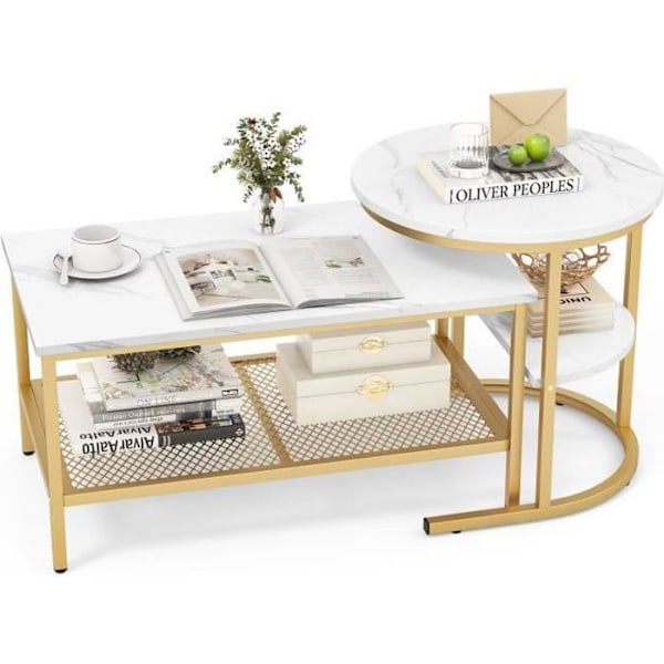 COSTWAY Sæt med 2 Skandinavisk Nesting Sofaborde - Marmor Print Sidebord - Guld Metalramme, Justerbare Fodstøtter gyllene