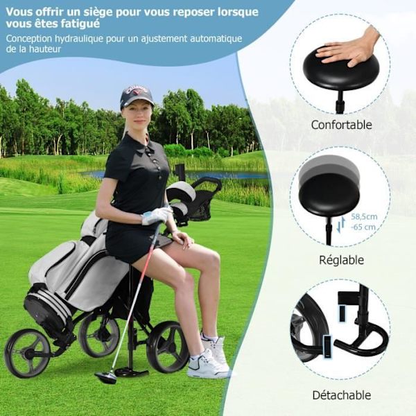 COSTWAY Foldbar Golfvogn 3 Hjul-4 Justerbare Højder-Hydraulisk Sæde-Justerbar Paraplyholder-Drikholder-Taske-Grå