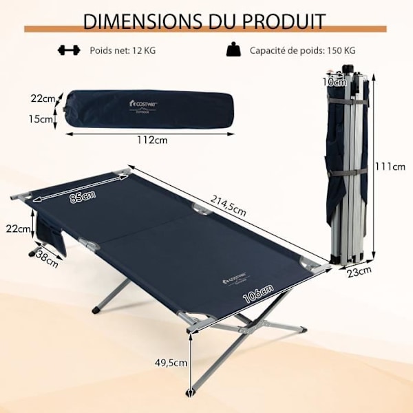 COSTWAY Folding Camp Cot, 85 x 214,5 CM, extrasäng med bärväska, Oxford Polyester, för husbil, strand och kontor