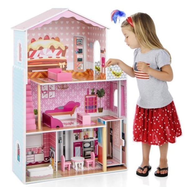 COSTWAY Dockhus - 9 möbler, 3 våningar 70 x 30 x 108 cm, presenter till barn 3 år+ rosa