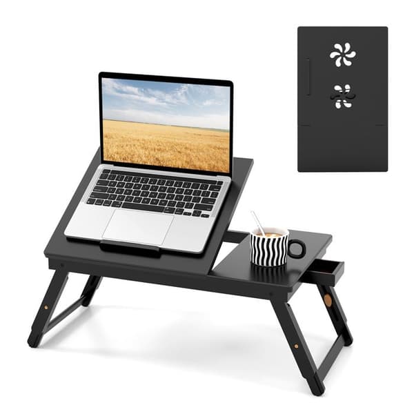COSTWAY bærbart oversengsbord til pc og tablet termisk design, foldbart og vippebord med lille skuffe, brun