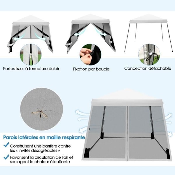 COSTWAY Instant Folding Barnum Gazebo 3x3m - Mesh sidoväggar - Lutande ben - Hjulförsedd väska - Höjdjusterbar - Vit Vit