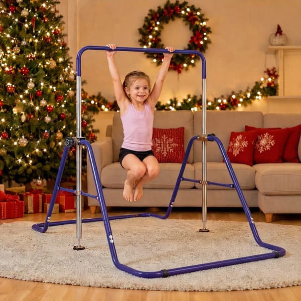 COSTWAY Gymnastikstång för Barn, Fällbar, Stor Stabil Triangulär Struktur, 5 Höjder, Kompatibel med Gunga, 65 kg, Lila