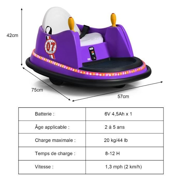 COSTWAY Sähköinen puskuriauto 360° 6V/4.5Ah 2-5 vuotiaille lapsille, 2.4G kaukosäädin, 2 moottoria ääni ja valotehoste violetti Lila