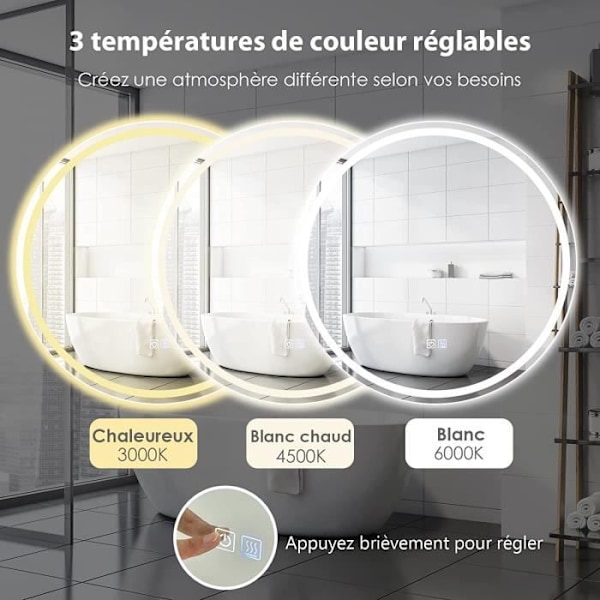 COSTWAY Rund LED Badrumsspegel Dia. 60 cm - Justerbar Ljusstyrka och Färgtemperatur, Anti-Imma Touch Switch