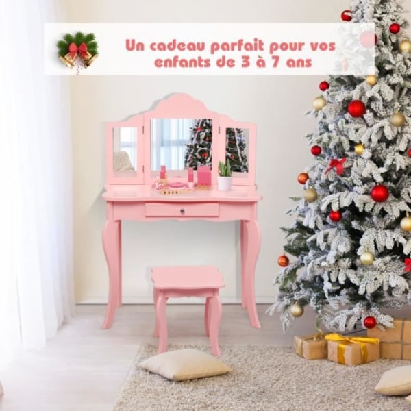 COSTWAY Rosa sminkbord för barn med pall, sminkbord med trepanelsspegel och låda, 70 x 34 x 103 CM