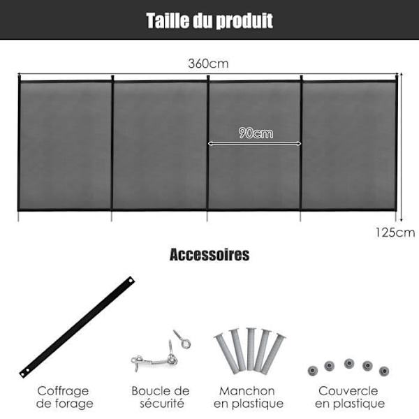 COSTWAY Foldbar poolbarriere, 360 x 125 CM, poolhegnspærre i blødt nettekstilstof med linealstolper Svart
