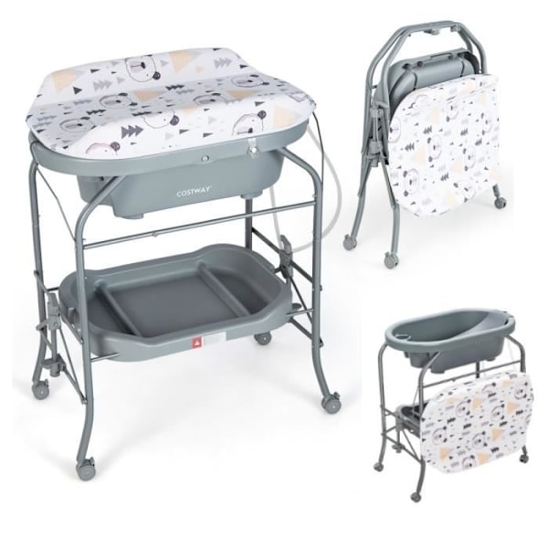 COSTWAY skötbord med badkar 20L 4 i 1 fällbart 4 hjul, 1 m slang, förvaringsfack Vattentät PVC-kudde, 35 kg Grå och vit