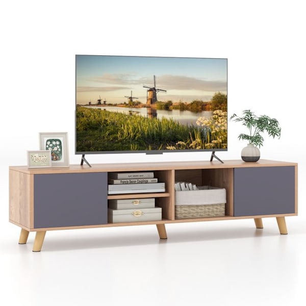 TV stativ til 65" TV COSTWAY med 3 rum 2 døre, 3 kabelføringshuller, til stue, soveværelse, 152 x 40 x 40 cm Grå