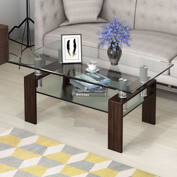COSTWAY Sofabord med 2 Niveauer, Rektangulært Bord med Hylde, Tempereret Glasplade, Stålben, 99x60x44,5CM, Brun Brun