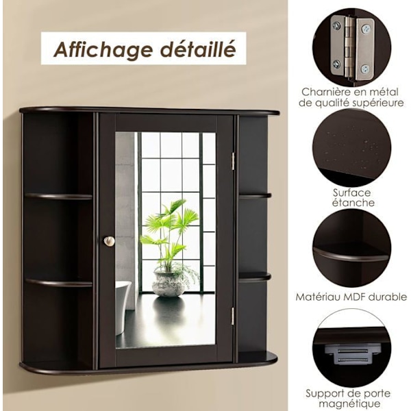 COSTWAY Badeværelsesvægskab med spejl Toiletopbevaring med dør og 6 hylder 65 x 17 x 64 cm Brun kastanj