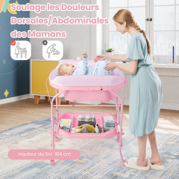 COSTWAY Skiftedragt Baby-Vask 20L 4 i 1 Sammenklappelig 4 Hjul, Slange 1m, Opbevaringsbakke Vandtæt PVC Pude 35Kg Rosa