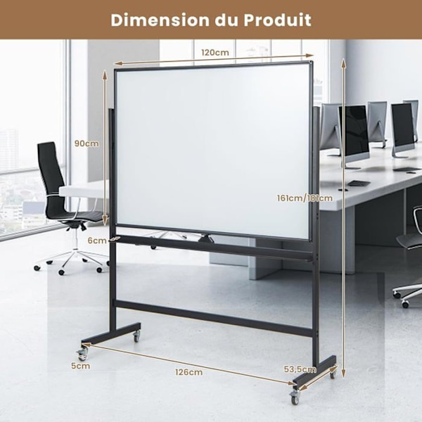 COSTWAY Magnetisk tavle 120 x 90 cm Dobbeltsidet vendbar tørsletning 2 justerbar højde 4 mobile hjul Sort