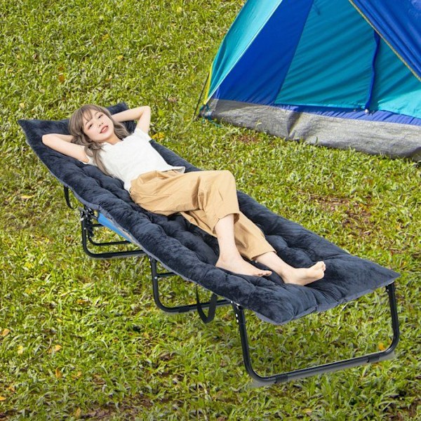 COSTWAY Fällbar Chaise Longue med Campingmadrass i Sammet, Justerbart Huvudstöd i 5 Positioner, 194x63x37cm, 160kg, Blå Blå