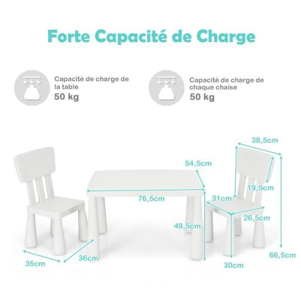 COSTWAY Bord med 2 stolar för barn 1-7 år, ergonomiskt ryggstöd Vetenskaplig höjd för att äta Rita Skriva, Vit