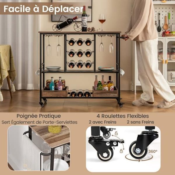 COSTWAY 3-tiers barvogn - glasholder, flaskeholder, opbevaringsboks - lys farve Klar