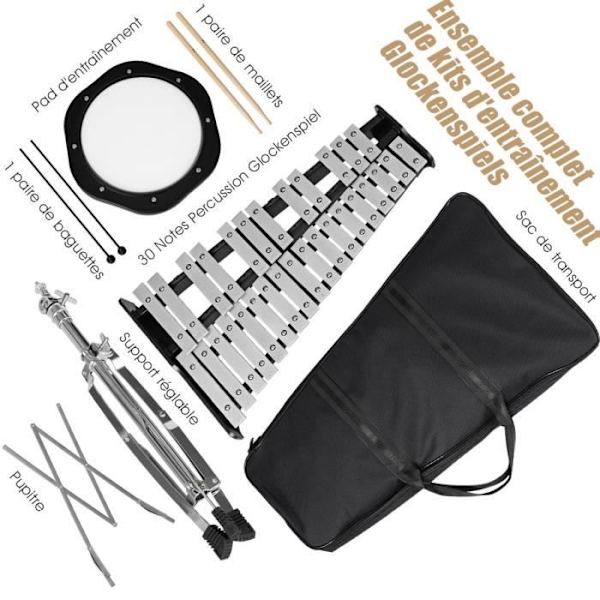 COSTWAY 30 Note Klokkespil Xylofon Træramme Aluminiumstænger med trommestikker Øvepude 8" Instrument Percussion