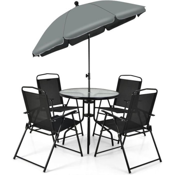 COSTWAY 6 st Trädgårdsmöbelset, 4 hopfällbara stolar Glassoffbord och paraply, för uteplats, pool, trädgård, svart