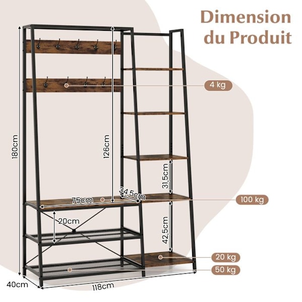 COSTWAY 5 i 1 knagerække 9 kroge & 5 sidehylder & 2 metalnethylder til entré og stue 118x40x180CM Sort Sort Brun