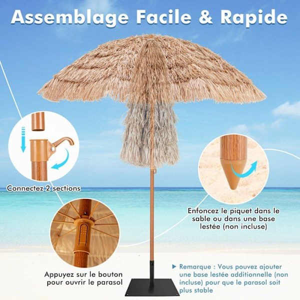 COSTWAY Hawaiian Tilting Beach Paraply - Ø220 x H213,5 cm - 7-lagers PP halmtak - 8 ribbor - 30° justerbar Naturlig