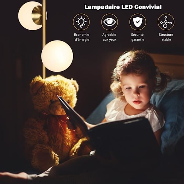 COSTWAY Golvlampa Vardagsrum-2 Globeskärmar i frostat glas med 2*6W LED-lampor-fotströmställare-Guld Post-sovrum,kontor